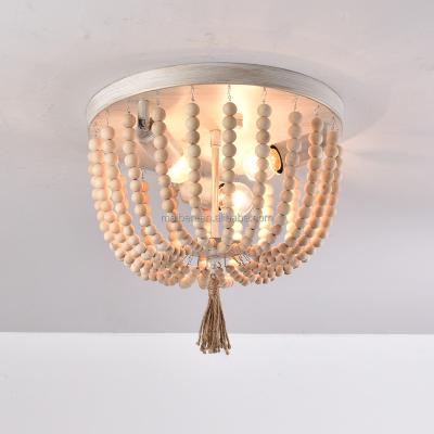 China Surface Mounted 3 Lights Farmhouse Lighting Fixtures Flush Mount Bedroom Wood Decoration Beaded Ceiling Light for sale