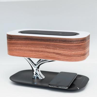 China Modern BT Speaker and Table Lamp Wireless Wood Desk Charger Luxury Stepless Led Lamp Dimming Tree Light for sale