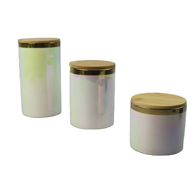 China 2022 Hot Selling Bone China Freshness Preservation New Ceramic 3*canisters with electroplate pearl and bamboo lid and tray for sale