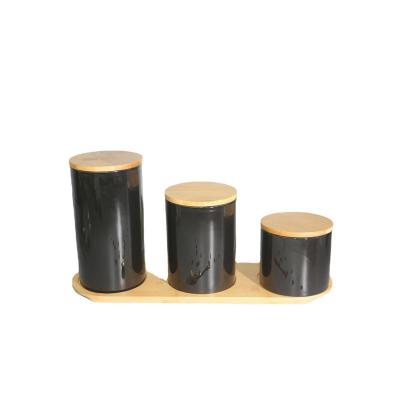 China Modern Hot Selling Items On Amazon Canister Sets For 3*Canister Kitchen Set With Black Glazed And Bamboo Lid And Ethiopian Tray for sale