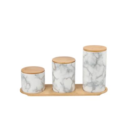 China Modern Marble Coffee Sugar Tea Freshness Preservation Design Ceramic Storage Jar with Bamboo Lid and Tray Kitchen Canister Sets for sale