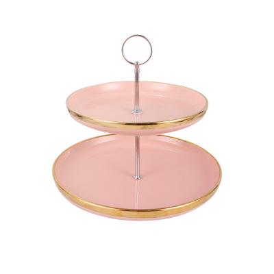 China Sustainable Home Restaurant Fruit Dessert Ceramic Tier 2 Layered Dessert Display Stand For Dessert Table for sale