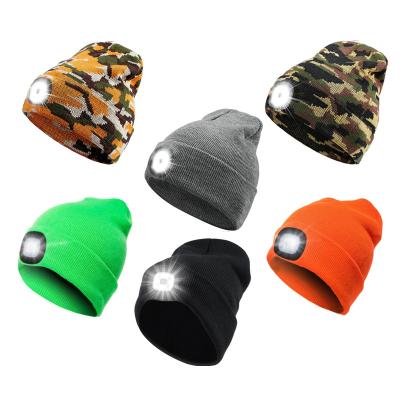 China Custom Fisherman COMMON Reflection USB Rechargeable Unisex Knit Winter Hat Beanie Hat With Led Light for sale