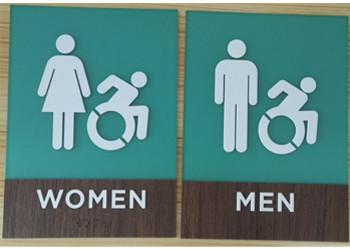 China Driedimensionele ADA Volgzame Toiletsignage Houten Korrel Gelamineerde Duidelijke Rang II Braille Te koop