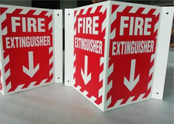 China 3D Triangle Mount Personalized Outdoor Metal Signs , V Sharp  Fire Extinguisher Sign for sale