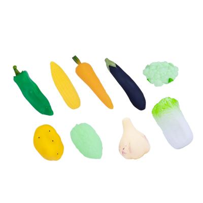 China Playing Vegetable Set Colorful Pvc Squeeze Squeak Plastic Toy Grabber Tomatoes Potatoes Shape Healthy Food Toy for sale