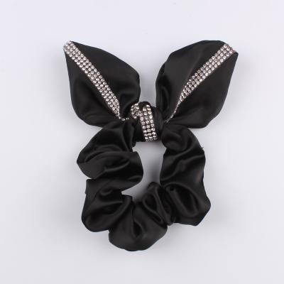 China Wholesale fashionable black silk tie woman style design rhinestone hair scrunchies rabbit ear hair scrunchies for sale