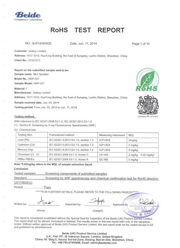 RoHS - Shenzhen Jaskey Technology Limited