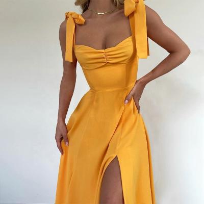 China 2022 Women Casual Dress Solid Bow Midi Washable Long Dresses For Woman Party Fashion Korean Dress Wholesale for sale