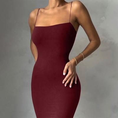 China Wholesale Women's Classic Simple Mature Ladies Bodycon Anti-Wrinkle Straps Female Tight Sexy Fashion Burgundy Colored Long Maxi Dress for sale