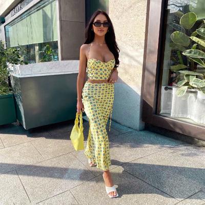 China Women Casual Dress Sexy New Design Candy Color Crop Skirt Top Two Piece Set Midi Floral Print Casual Dress for sale