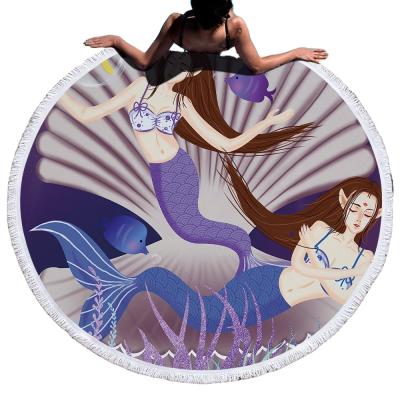 China Anime Cartoon QUICK DRY Copy With Mermaid Tail Thick Roundie Oversized Beach Towel Blanket With Tassels for sale