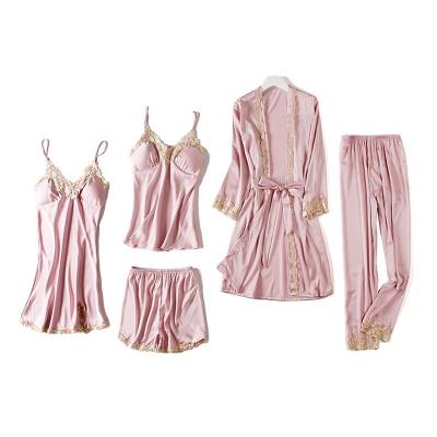 China New Arrival QUICK DRY Women Pijamas 5pcs Sexy Stain Silk Long Robe Set Bridal Pajamas Sets for sale