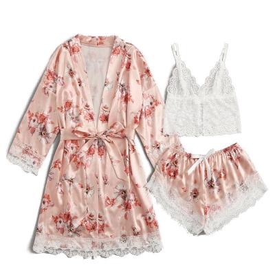 China QUICK DRY Bathrobes Women Long Robes Sets Sexy Lace Silk Satin Pajamas Pijamas Sets Nightgowns Sleepwear Robe for sale