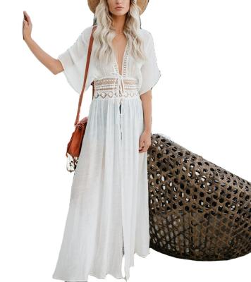 China New Fashion Bohemian Solid Color One Piece White Sun Lounger Cover Up Beach Wear For Ladies for sale