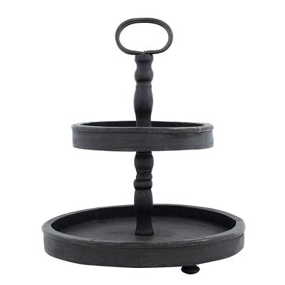 China Creative Distressed Black Wooden Tier Tray Cake Stand Wooden Handle 2 Metal PD4-65654 for sale