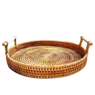 China Eco-friendly Hot Selling Round Rattan Tray Storage Basket With Handle Hot Selling Rattan Serving Tray for sale