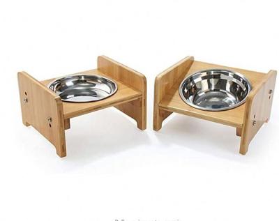 China Cat Food Bowl-Raised Pet Feeder Bamboo Viable Suitable Small Bamboo Feeder Stainless Steel of Dogs and Cats for sale