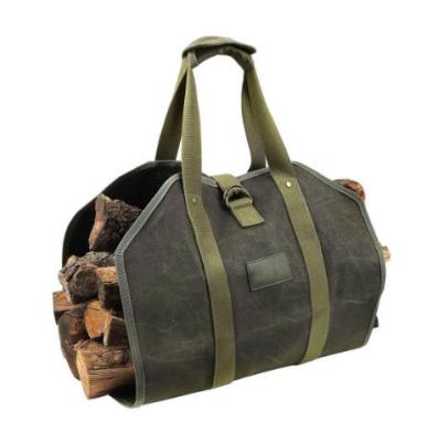 China Heavy Duty Waxed Canvas Carry Bag Handle Sack Wooden Firewood Log Carrier Bag for sale