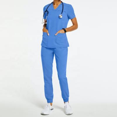 China Wholesale Comfy Comfortable Spandex Stretch Hospital Pants Elastic Fitted Straight Women Medical V-Neck Women Hospital Scrub Uniform for sale