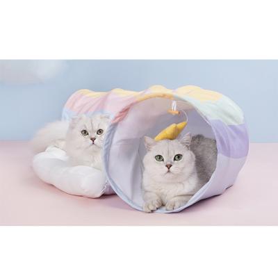 China Rainbow Color Foldable Stored Pet Cloth Cat Tunnel With Ball Interactive Cat Toys Wholesale In Running Cat House for sale