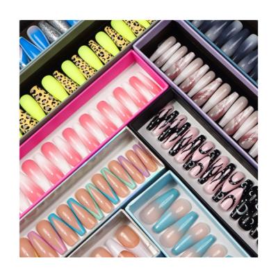 China Low moq flexibility french custom press on nails extra long diy coffin fake nails stick charm nail tips square box for sale