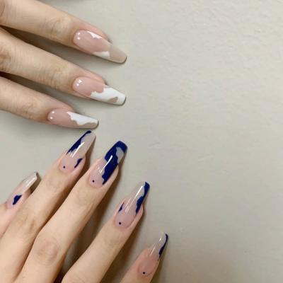 China Custom Wholesale Long Flexibility Blue And Small Piece Color Press On False Nails Set Of Nails With Full Glue Cover Nail Tips For Home Use for sale