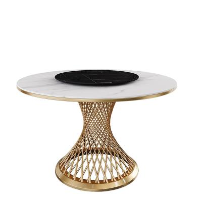 China Modern Light Luxury Round Rock Plate Metal Dining Table Set With Turntable For Dining Room for sale