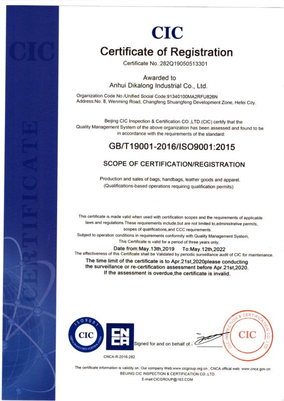 ISO9001 - Anhui Dicaron Industrial Co., Ltd.