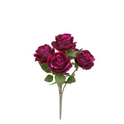 China Wholesale 5 Heads High Quality Competitive Price Purple Artificial Velvet Rose Flower Bouquet With Stems For Party Garden Wedding Home Decor for sale