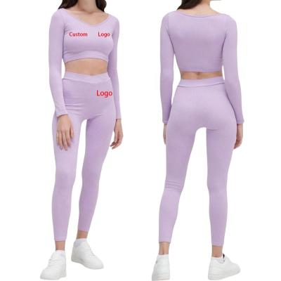 China Oti Textile Spring Style OEM/ODM QUICK DRY Design Wholesale Knitted Lilac Skinny Sweatshirt And Joggers Two Piece Tracksuits Set For Women for sale