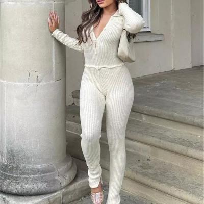 China Oti Textile OEM/ODM QUICK DRY Skinny Two Piece Set Women Knit V Neck Long Sleeve Tops And Pants Female Overalls 2 Piece Outfits Sets for sale