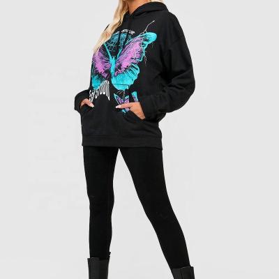 China Anti-Wrinkle Oti Textile New Coming Custom Design Hoodie Oversized Graffiti Butterfly Print Ladies Long Sleeve Comfortable Graphic Hoodie For Women for sale