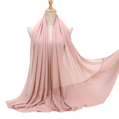 China Customizable Chiffon Fashion Pearl Hijab Women Hijab Solid Color Pleated Muslim Quilted Scarf for sale