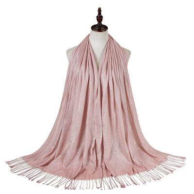 China High Quality Dazzling Muslim Women Hijab Silver Silk Polyester Cotton Shimmer Tassel Scarf Shawl Hijab 14 Colors for sale