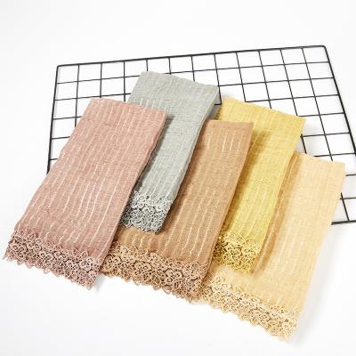 China High Quality Stripe Pearl Decoration Headscarf Polyester Scarf Women Multicolor Daily Shawl Lace Hijab for sale