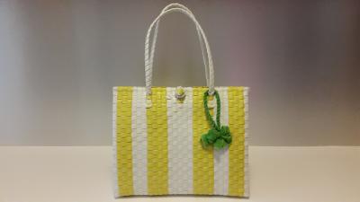 China Colorful Pp Strap Woven Shopper Bag Plastic Straw Shopping Bag Yellow White for sale