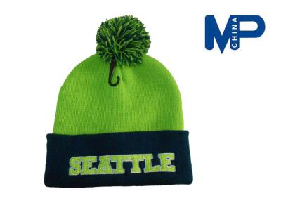 China Embroidery Green color Logo Beanie Hats with Sewing Knitting Ball / Baseball Cap for sale