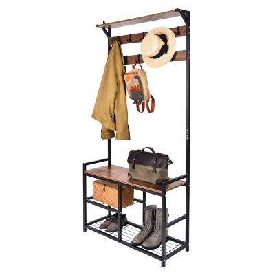 China Multi-Function Sustainable Metal Frame Industrial Easy To Assemble Wooden Board Hat Bag Cloth Hanger With Shoe Storage for sale