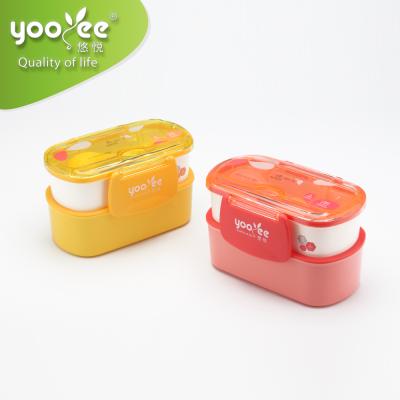 China New Design Microwavable Waterproof Microwave Japanese Plastic Safe Layer Bento Lunch Box With Spoon Double Layer for sale