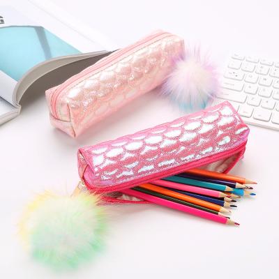 China Mermaid Pencil Case Sequined Kids Kawaii Pu Hair Ball Pen Bags Girls New Color School Student Pencil Case for sale