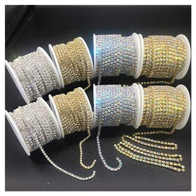 China Shiny Colors Sell Best SS6/8/10/12/16/18/24/28 Silver Gold AB Color Rhinestone Cup Chain Fringe Trim On Roll LH-GPA010 for sale