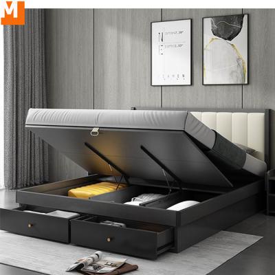 China Modern Adult Leather Wooden Bedframe Storage Headboard Wooden Bedframe Royal Lit King Queen Single Size Modern Luxury Bedroom for sale