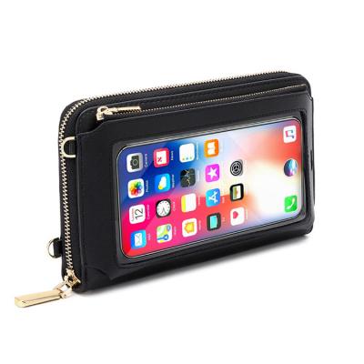 China Women's Casual Multi-Function Shoulder RFID Touch Screen Mini Small Transparent Wallet Mobile Phone Bag for sale