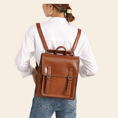 China Wholesale Vintage Style Wax Oil Beautiful Girl Waterproof Fashionable Teen College Ladies Brown Genuine Leather Backpack For Woman for sale