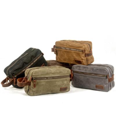 China Large Capacity Vintage Waxed Canvas Cotton Travel Storage Pouch Bag Vintage Zipper Portable Toiletry Bag for sale