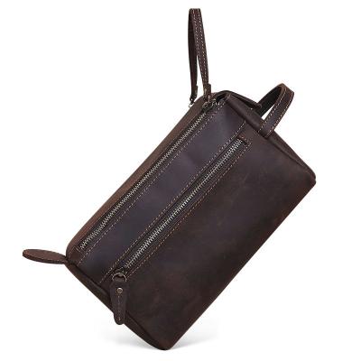 China Fashion New Arrival Double Zipper Crazy Horse Leather Bathroom Bag Travel Make Up Toiletry Bag Genuine Leather Cosmetic Bag For Man for sale