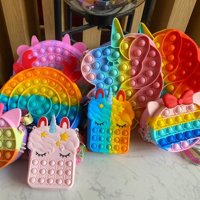 China Fashion Big Size Kids Push Bubble Sensory Noise He Pinch Cross - Body Bag Unicorn Silicone Bags Rainbow Handbags for sale