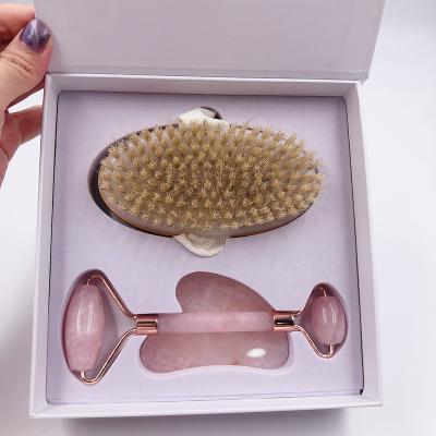 China Face Jade Roller and Gua Sha, Facial Beauty Roller Skin Care Tools, Rose Quartz Face Massager with Facial Bath Brush for sale