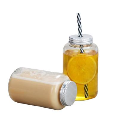 China Beverage Manufacturer Sells 500ml Cylindrical Glass Beverage Bottle With Lid And Straw Juice Bottle for sale